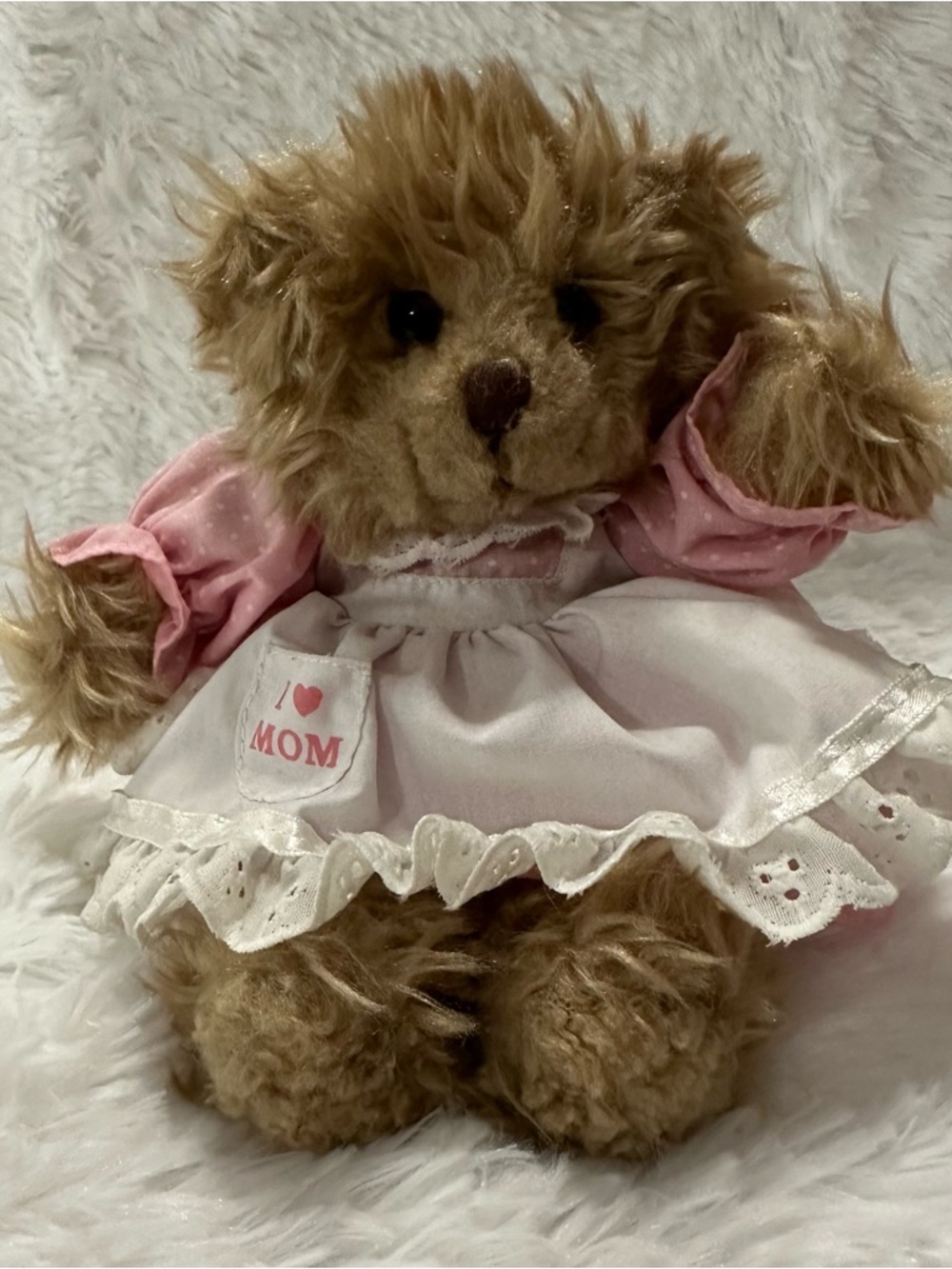 Russ Berrie tan teddy bear with dress I🩷MOM with hang tag BRITTANY JR plush